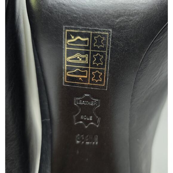 TORY BURCH Black Leather Raya Heels Mules Wooden Heel Peep Toe sz 8.5 - Picture 9 of 10